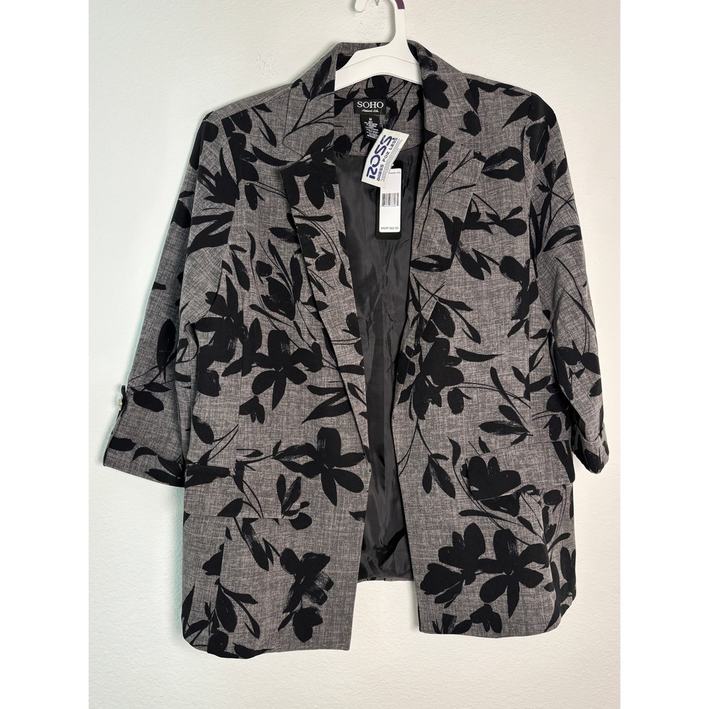 Soho Apparel Ltd Grey Black Floral Blazer 3/4 Sleeve Open Front‎ Jacket NWT M